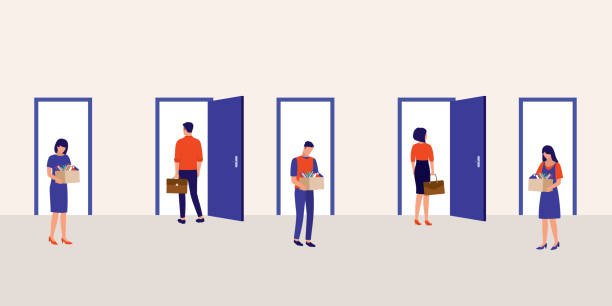 Hiring And Dismissal Concept. Employees Walking In And Out Of The Door, Some Were Leaving Their Job And Some Were Being Hired At The Same Time. Full Length, Isolated On Solid Color Background. Vector, Illustration, Flat Design, Character. cartoon of the saying goodbye stock illustrations