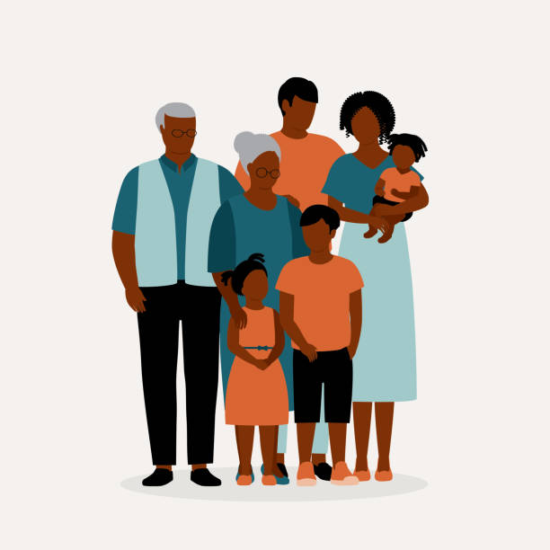 Portrait Of Multi-Generation Black Family. Portrait Of Black Family In Different Generations. Grandparent, Parent And Children. Full Length, Isolated On Solid Color Background. Vector, Illustration, Flat Design, Character. standing stock illustrations