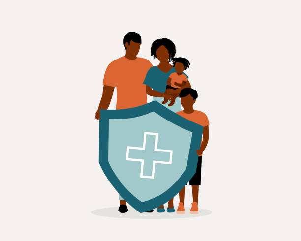 Black Family Health Insurance Concept. Black Family With Protection Shield. Full Length, Isolated On Solid Color Background. Vector, Illustration, Flat Design, Character. health insurance stock illustrations