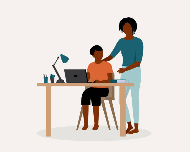 Black Mother Teaching Her Son Doing His Homework At Home. Online School During COVID-19 Pandemic. Remote School Education. Distance Learning. Black Son Doing His Schoolwork With His Mother At Home. Full Length, Isolated On Solid Color Background. Vector, Illustration, Flat Design, Character. kid doing homework clip art stock illustrations