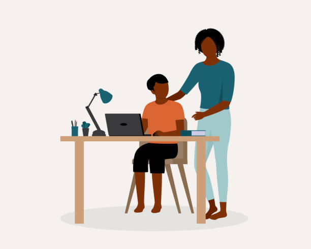 clipart do my homework Black Mother Teaching Her Son Doing His Homework At Home. Online School During COVID-19 Pandemic. Remote School Education. Distance Learning. Black Son Doing His Schoolwork With His Mother At Home. Full Length, Isolated On Solid Color Background. Vector, Illustration, Flat Design, Character. kid doing homework clip art stock illustrations