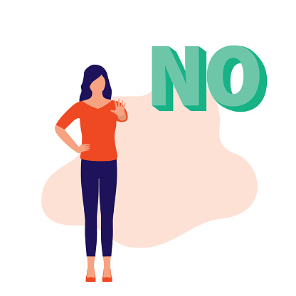 Young Woman With Stop Hand Gesture Saying No. Full Length, Isolated On Solid Color Background. Vector, Illustration, Flat Design, Character.
