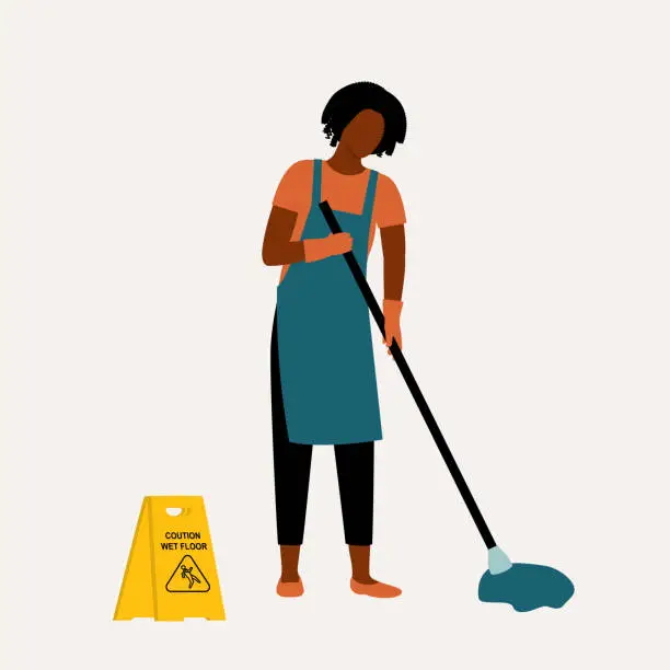 Vector illustration of Black Woman Janitor Mopping Floor. Cleaning Service Occupation.