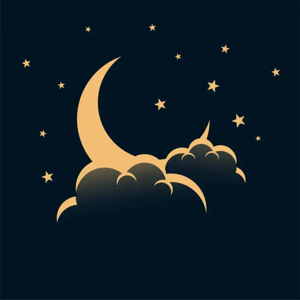 Vector illustration of night sky with moon stars and clouds background