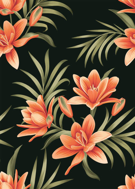 Seamless pattern of Lilies flowers background template. Vector set of floral element for tropical print, wedding invitations, greeting card, brochure, banners and fashion design. Seamless pattern of Lilies flowers background template. Vector set of floral element for tropical print, wedding invitations, greeting card, brochure, banners and fashion design. wallpaper sample stock illustrations