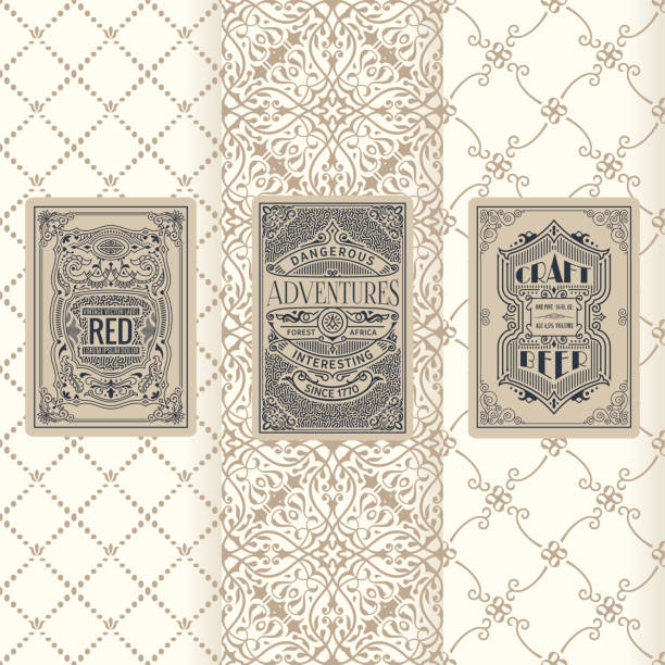 illustrazioni stock, clip art, cartoni animati e icone di tendenza di etichette verticali e cornici vintage, packaging su sfondo senza cuciture - 19th century style textured ornate backgrounds