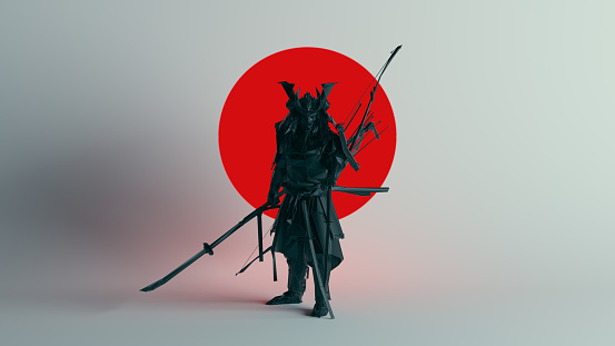 Black Samurai Polygon Form with Large Red Sphere Circle 3d illustration 3d render