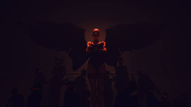 Devil Women Black Demon Fallen Angel with Red Eyes Surrounded By Lesser Demons with Neon Pandemonium Sign on the Wall Gates of Hell Devil Women Black Demon Fallen Angel with Red Eyes Surrounded By Lesser Demons with Neon Pandemonium Sign on the Wall Gates of Hell 3d Illustration render black hat upside down stock pictures, royalty-free photos & images