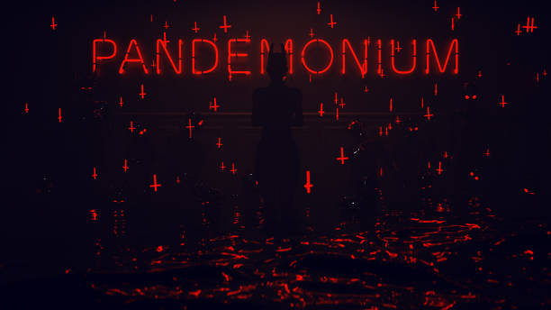 Devil Women Black Demon Fallen Angel with Red Eyes Surrounded By Blood Soaked Lesser Demons and Upside Down Red Crosses with Neon Pandemonium Sign Devil Women Black Demon Fallen Angel with Red Eyes Surrounded By Blood Soaked Lesser Demons and Upside Down Red Crosses with Neon Pandemonium Sign 3d Illustration render black hat upside down stock pictures, royalty-free photos & images