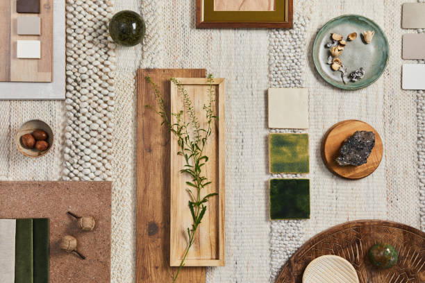 istock Flat lay design of creative architect mood board composition with samples of building, beige textile and natural materials and personal accessories. Top view, template. 1340877618