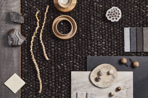 istock Stylish flat lay composition of architect mood board with samples of building, brown textile and natural materials and personal accessories. Top view, template. 1340877619