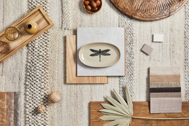 istock Flat lay design of creative architect moodboard composition with samples of building, beige textile and natural materials and personal accessories. Top view, template. 1340877622