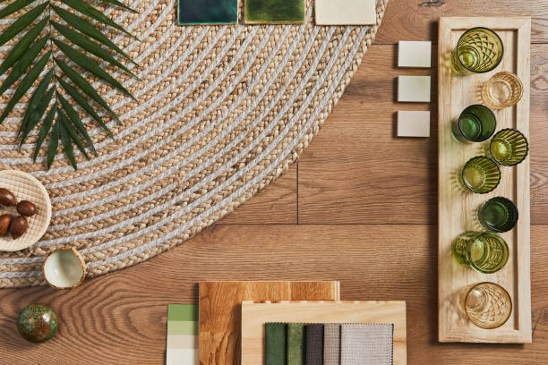 istock Flat lay of creative architect moodboard composition with samples of building, orange textile and natural materials and personal accessories. Top view, template. 1340877624