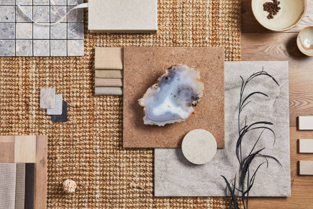 istock Flat lay of creative architect mood board composition with samples of building, orange textile and natural materials and personal accessories. Top view, template. 1340877627