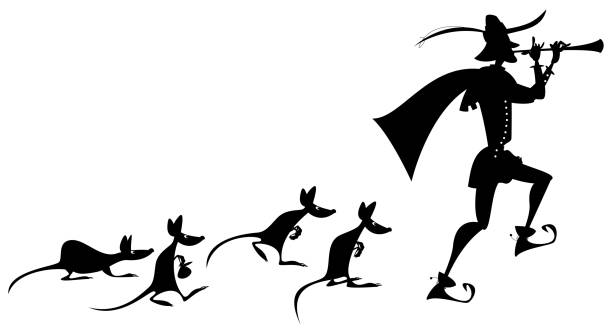 Pied Piper of Hamelin (German: Rattenfänger von Hameln). German fairy tale. Black and white. Pied Piper of Hamelin (German: Rattenfänger von Hameln). German fairy tale. Black and white. Vector illustration pied stock illustrations