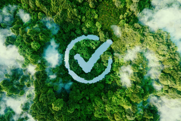 un icono de un objetivo cumplido en forma de estanque claro en medio de un frondoso bosque. renderizado 3d. - air emissions fotografías e imágenes de stock