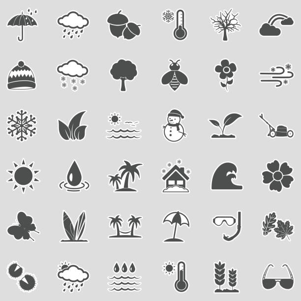 ikony sezonu. projektowanie naklejek. ilustracja wektorowa. - cold rain parasol gray stock illustrations