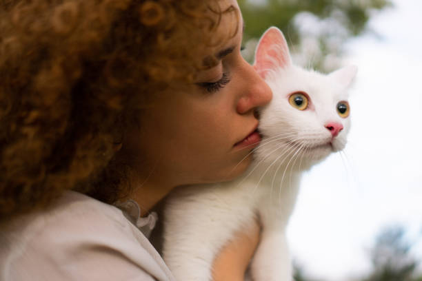 istock Beautiful girl and white cat 1340883003