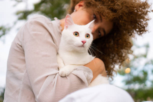 istock Beautiful girl and white cat 1340883055