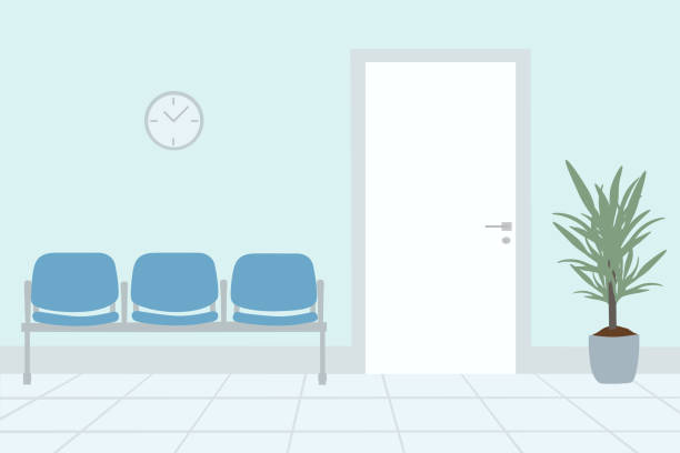 illustrazioni stock, clip art, cartoni animati e icone di tendenza di sala d'attesa in ospedale con posti blu vuoti - ambulatorio medico