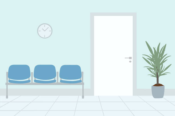 waiting hall in the hospital with empty blue seats - duvar saati illüstrasyonlar stock illustrations
