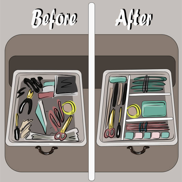 illustrations, cliparts, dessins animés et icônes de organisation de l’espace, garde-robe de base. avant et après. nettoyage de l’appartement, ordre, choses sur les étagères. tiroirs de commode avant et après le nettoyage. confort, mobilier. objets vectoriels isolés. - sale shelf bookshelf wood