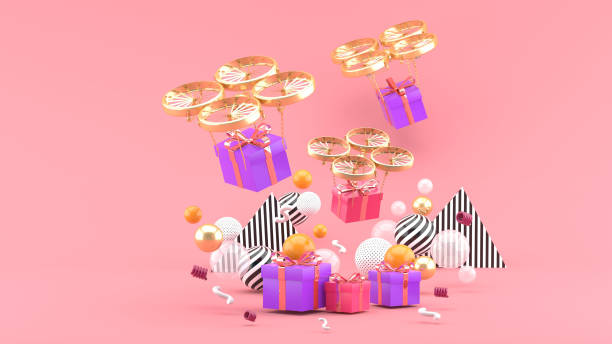 istock Drone delivers a gift box among colorful balls on a pink background.-3d render.