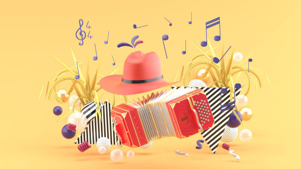 Accordion and a cowboy hat among the notes and colorful balls on the orange background.-3d render. Accordion and a cowboy hat among the notes and colorful balls on the orange background.-3d render. accordion instrument stock pictures, royalty-free photos & images