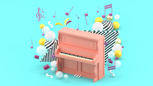 istock The pink piano is surrounded by notes and colorful balls on the blue background.-3d render.
