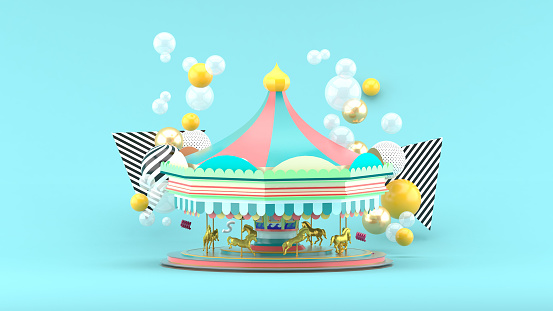Carousel among colorful balls on blue background.-3d render.