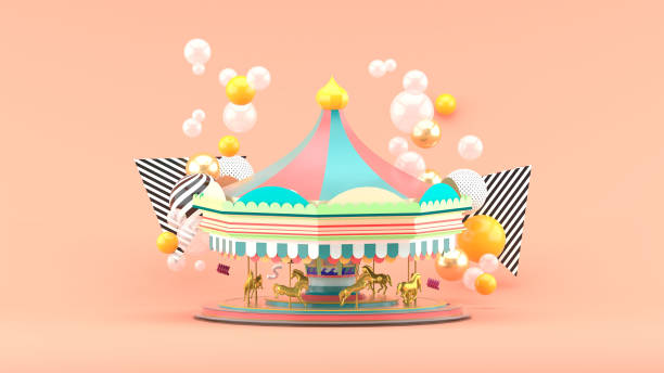 istock Carousel among colorful balls on pink background.-3d render. 1340887765