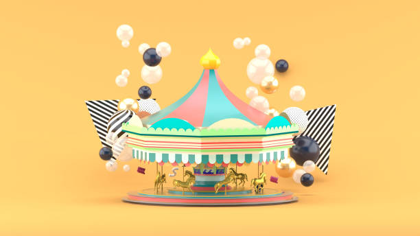 istock Carousel among colorful balls on orange background.-3d render. 1340887767