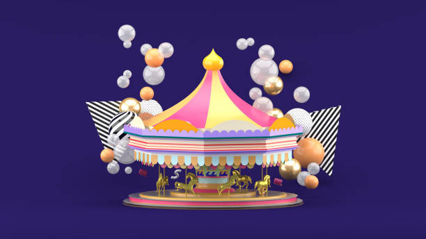 istock Carousel among colorful balls on purple background.-3d render. 1340887770
