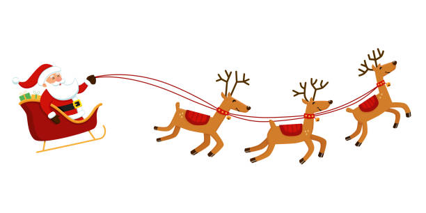 ilustrações de stock, clip art, desenhos animados e ícones de santa flying his sleigh - vector excitement white red