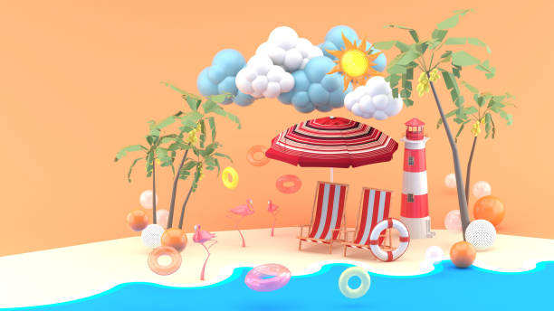 istock Deck chairs under the beach umbrella on a sand beach under the sunshine. -3d render. 1340887904