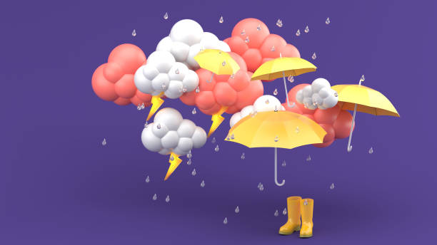 Umbrellas and yellow boots amidst a rainstorm on a purple background.-3d render."n stock photo