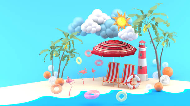 istock Deck chairs under the beach umbrella on a sand beach under the sunshine. -3d render. 1340887916