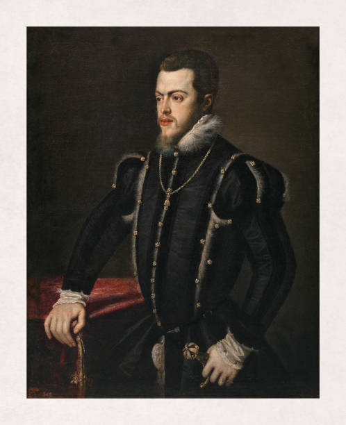 Portrait of Philip II of Spain Portrait of Philip II of Spain made by the Italian artist Titian in 1549. oil painting stock illustrations
