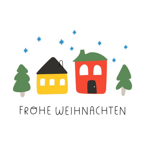 cozy houses and christmas trees. frohe weihnachten it's mean merry christmas in german. - weihnachten stock illustrations