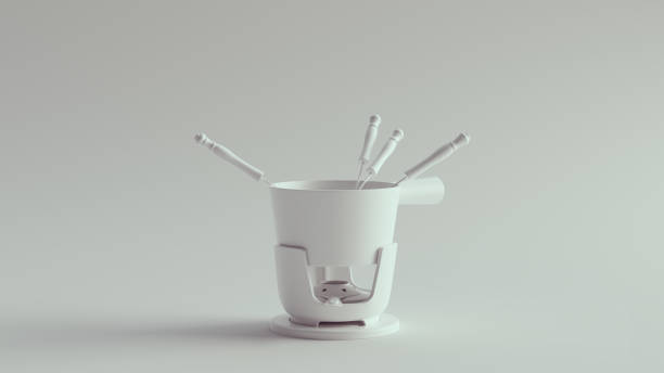 White Fondue Set Pot Communal Melted Cheese Dipping Pot with Long Forks 3d illustration render