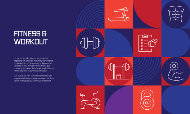 projekt związany z fitnessem i treningiem z ikonami linii. proste ikony symboli konturu. - gym weight bench exercising weights stock illustrations