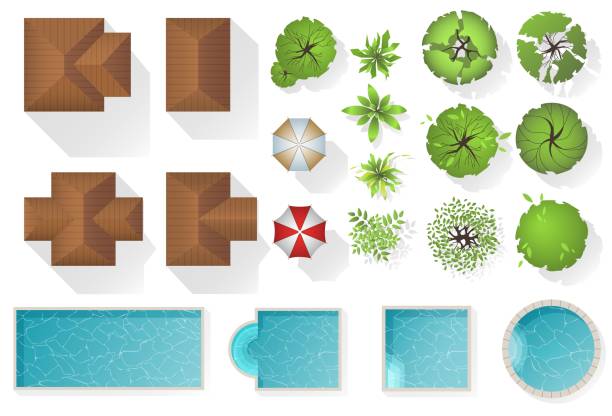 Set Landscape elements, top view. Houses, architectural elements, plants, garden, trees, swimming pools, umbrella. Landscaping symbols, Outdoor set isolated on white. View from above. Set Landscape elements, top view. Houses, architectural elements, plants, garden, trees, swimming pools, umbrella. Landscaping symbols, Outdoor set isolated on white. View from above. cityscape drawings stock illustrations