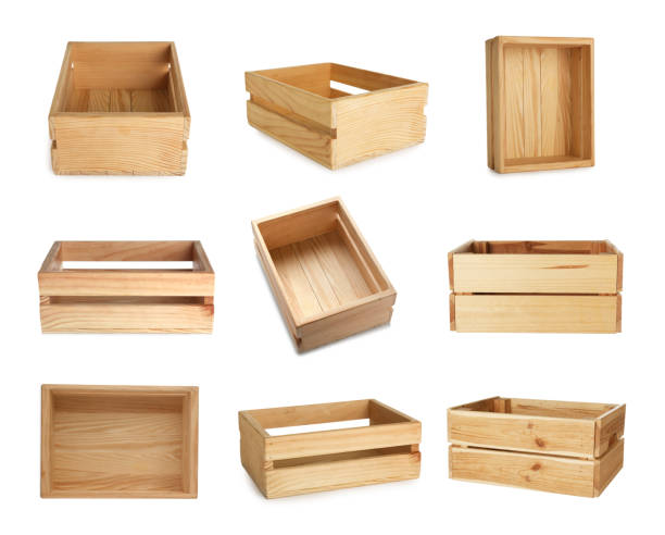 istock Set of wooden crates on white background 1340890458