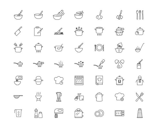 Cooking icons set. Kitchen utensils, boiling, frying, chef hat, cooking book Cooking icons set. Kitchen utensils, boiling, frying, chef hat, cooking book boiled stock illustrations