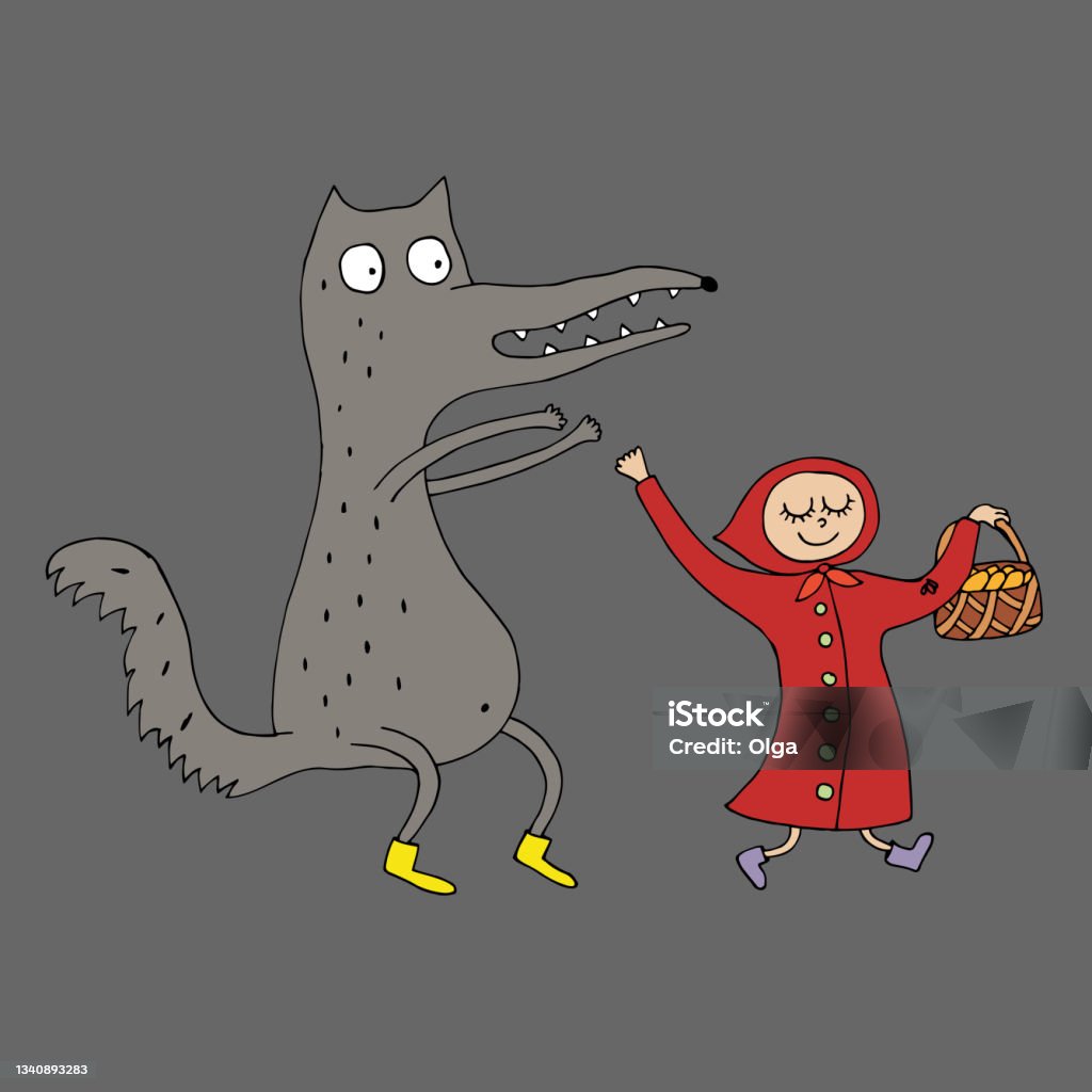 Illustration For A Children S Book Little Red Riding Hood And Gray Wolf  Vector Drawn By Hand In Doodle Style Funny Characters In Cartoon Style  Stock Illustration - Download Image Now - iStock