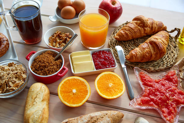 Continental buffet breakfast with coffee Continental buffet breakfast with assorted healthy food and coffee spanish breakfast stock pictures, royalty-free photos & images
