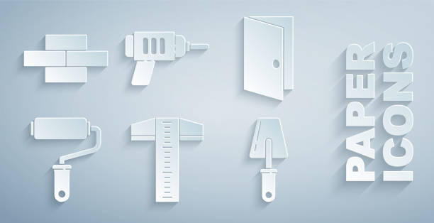 ilustrações de stock, clip art, desenhos animados e ícones de set t-square line, closed door, paint roller brush, trowel, electric drill machine and bricks icon. vector - letter t