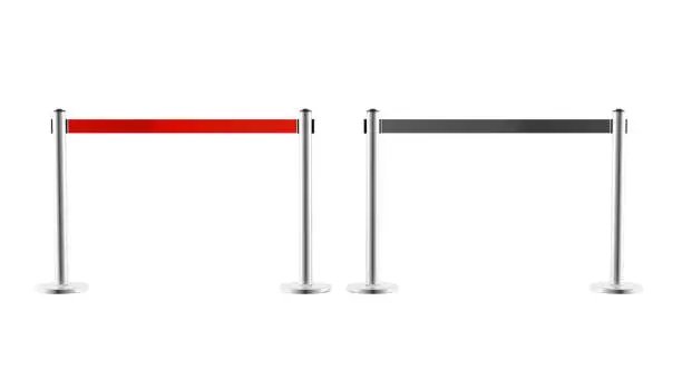 Metal barriers with red and black retractable belt fences front view. Portable ribbon stanchion stainless steel for crowd control in airport or museum isolated on white background, Realistic 3d render