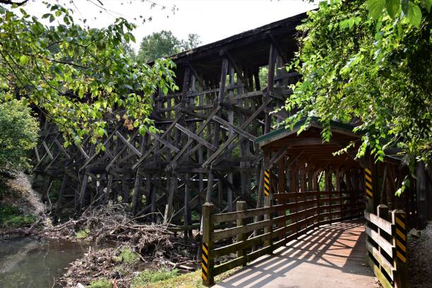 Wooden railway bridge over a creek