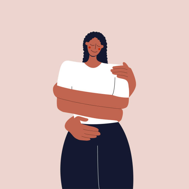 stockillustraties, clipart, cartoons en iconen met the concept of love and careful attitude to yourself. the black girl hugs herself by the shoulders. taking care of mental and physical health. flat vector illustration for social media, covers. - self love